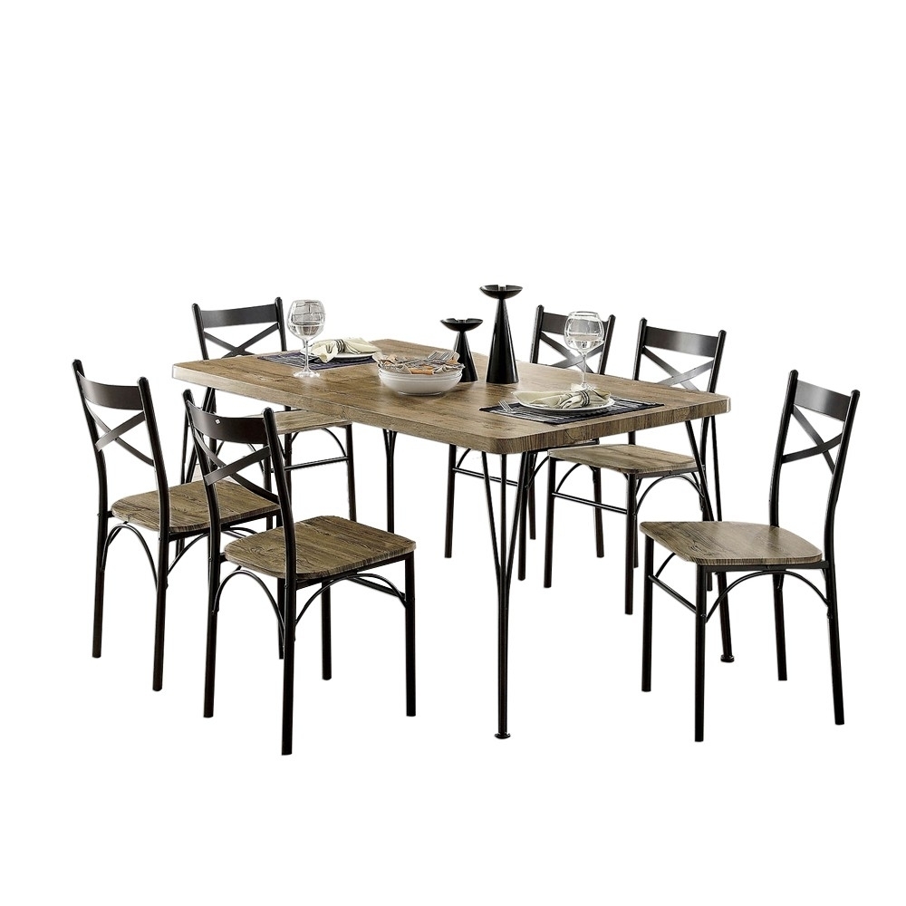 7 Piece Wooden Dining Table Set In Gray And Weathered Brown- Saltoro Sherpi