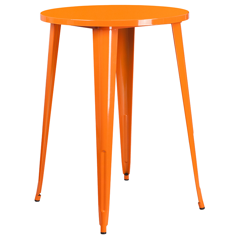 Commercial Grade 30 Round Orange Metal Indoor-Outdoor Bar Table Set With 2 Square Seat Backless Stools