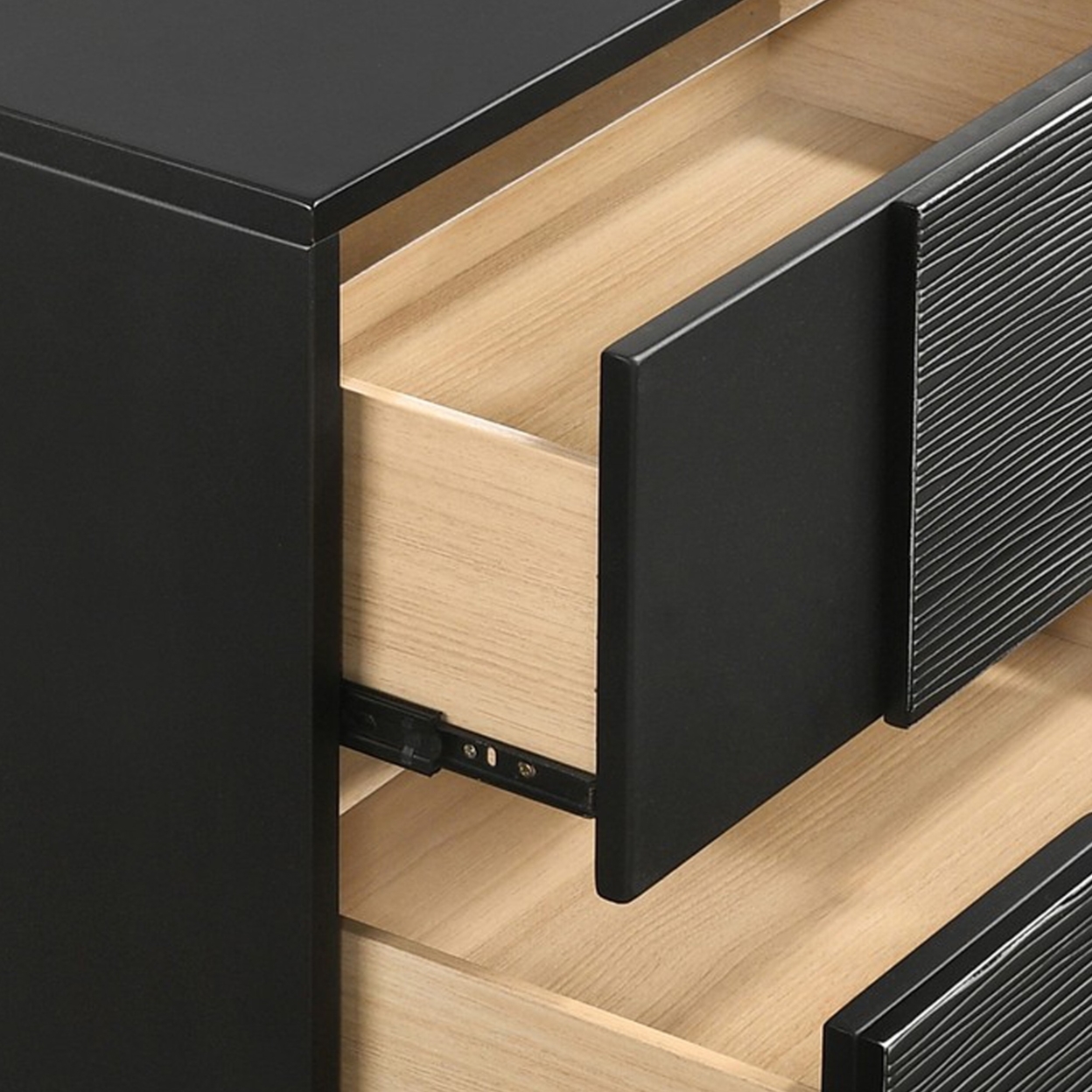 Reza 25 Inch Modern Wood Nightstand, 2 Drawers, Textured Felt Lined, Black