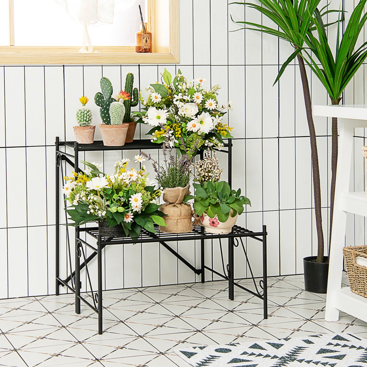 2-Tier Stair Style Metal Plant Stand Flower Pot Display Holder Indoor & Outdoor