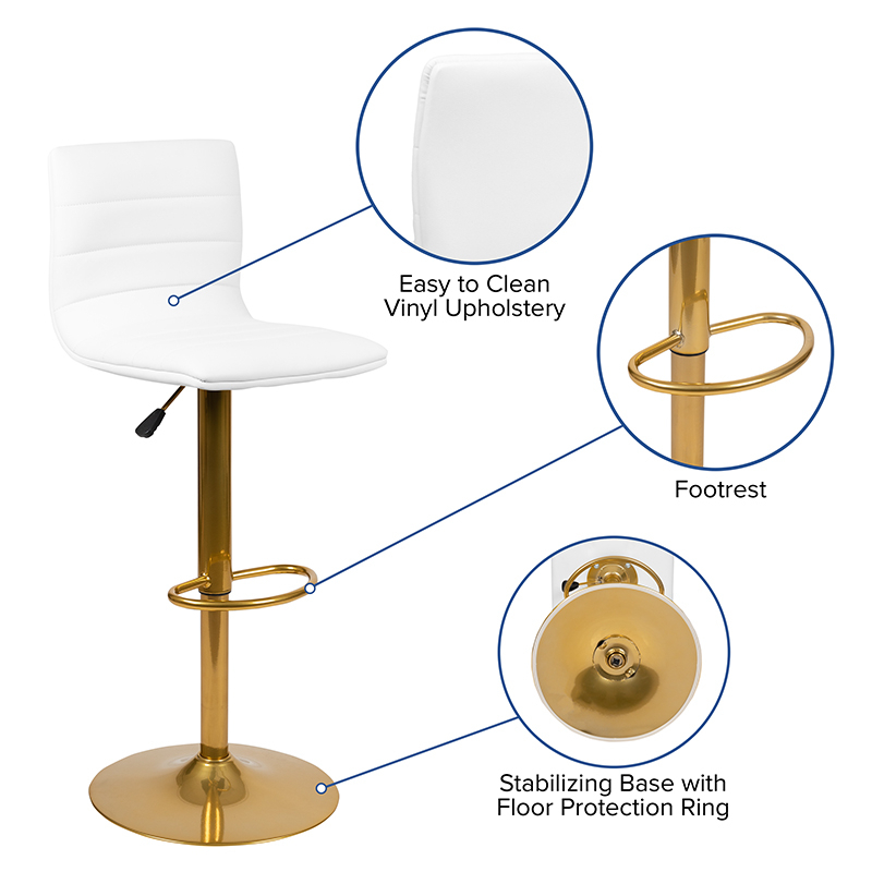 Modern White Vinyl Adjustable Bar Stool With Back, Counter Height Swivel Stool With Gold Pedestal Base, Set Of 2
