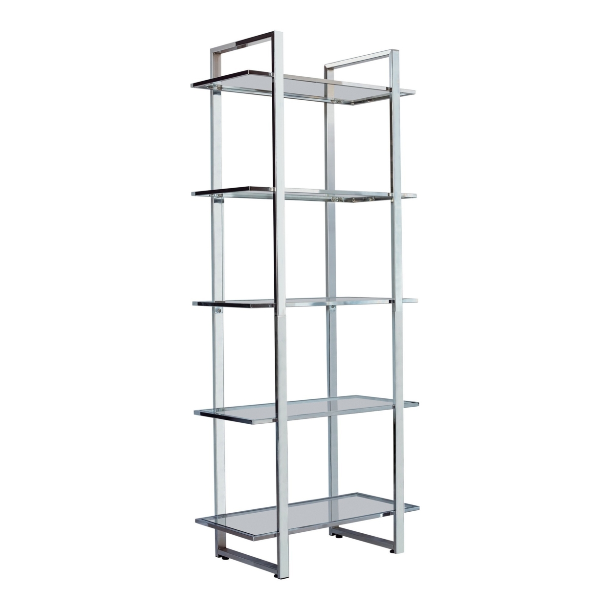 79 Inch Bookcase, Metal Frame, Tempered Glass Shelves, Polished, Silver