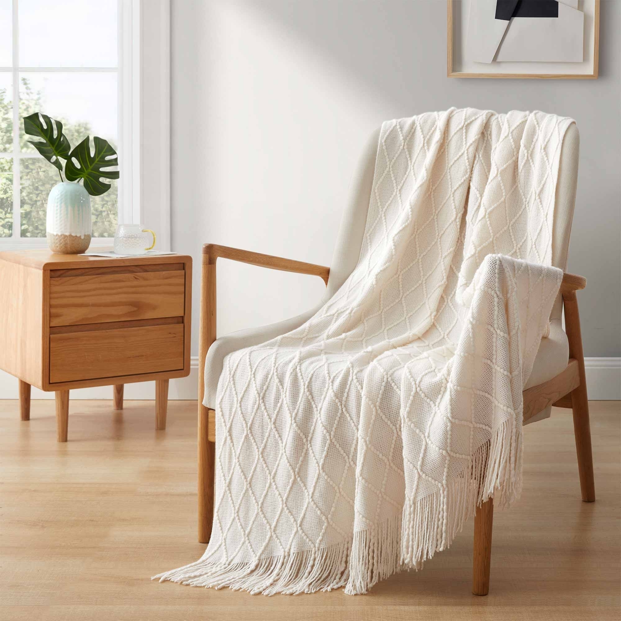 Ultra Soft Diamond Knit Throw Blanket 50x60-Perfect For Year-round Comfort - Cream, 50 In X 60 In