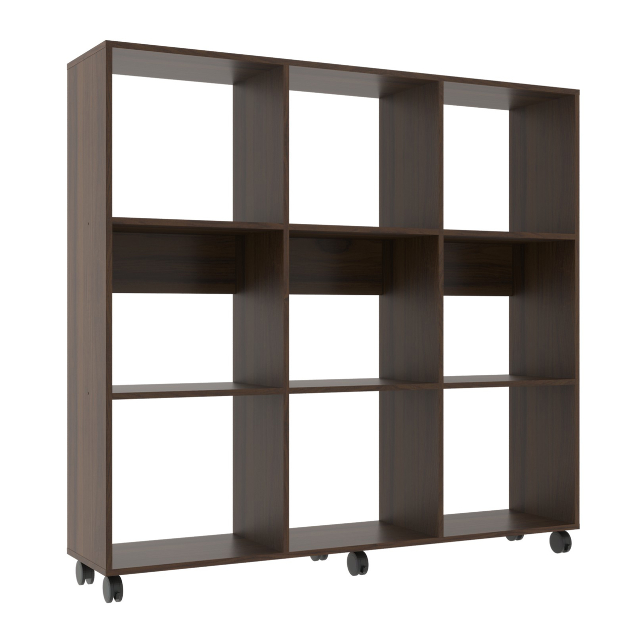 52.6 Inch Wooden Bookcase With 9 Open Compartments And Casters, Walnut Brown, Saltoro Sherpi