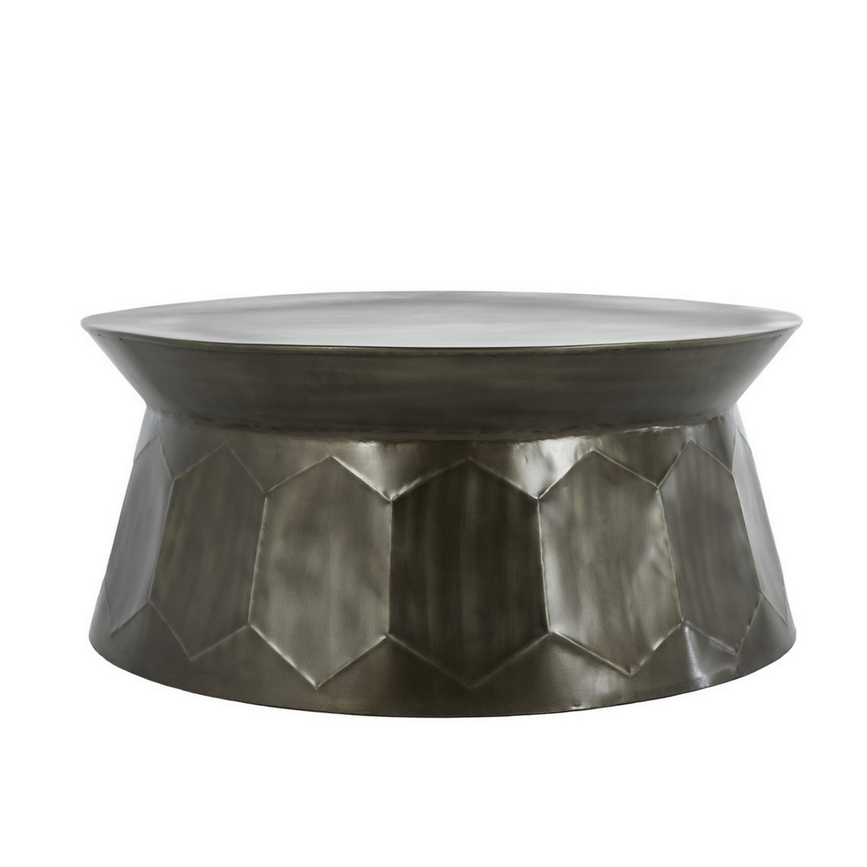 36 Inch Modern Iron Coffee Table, Geometric Platform Base, Glossy Brown- Saltoro Sherpi