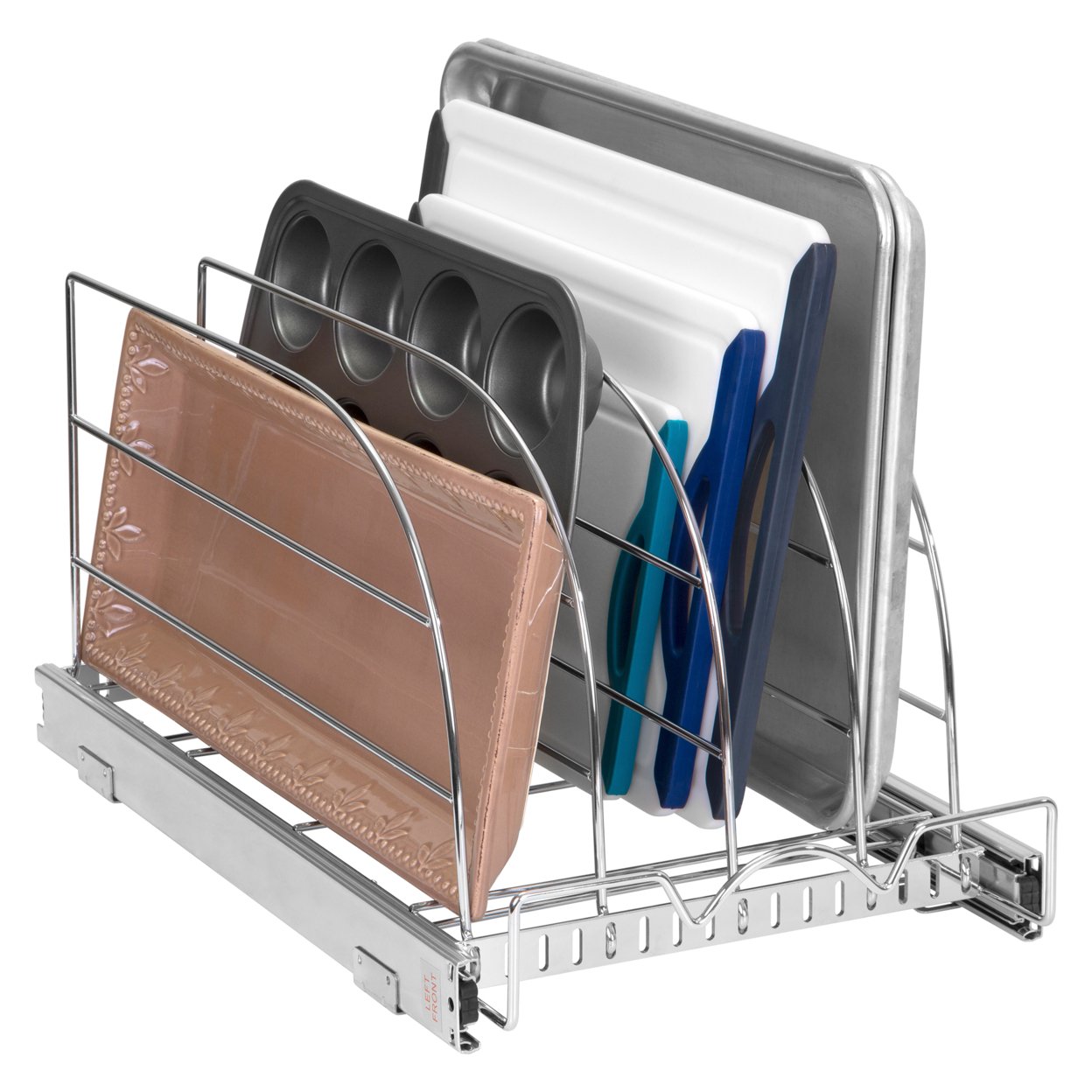 Pull Out Organizer Rack For Bakeware 12.5” W X 21” D X 10.63” H Heavy Duty, Chrome