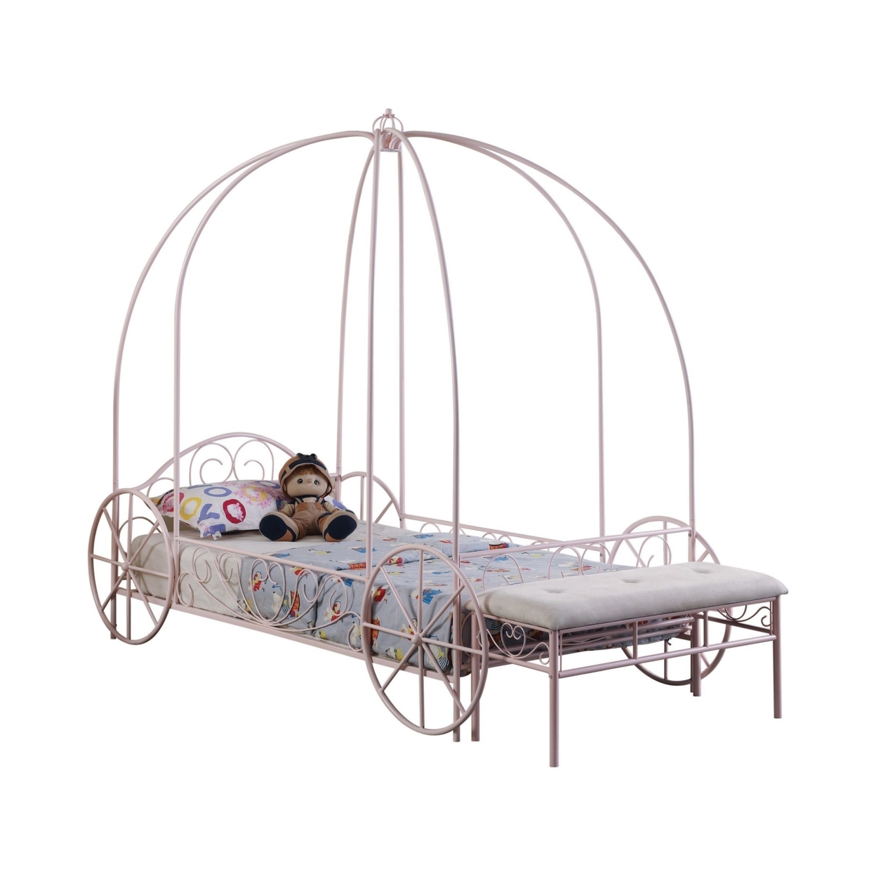Modern Twin Size Canopy Bed, Princess Carriage Design, Powder Pink