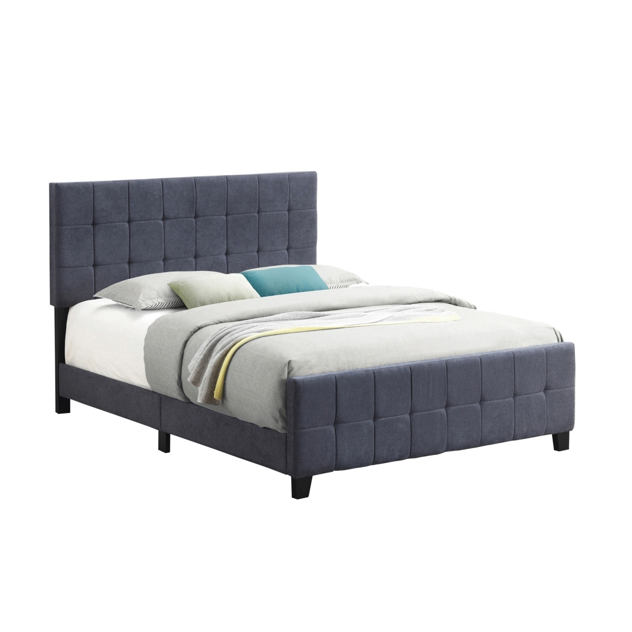 Feny Modern Style Wood King Size Bed, Grid Tufted Gray Fabric Upholstered