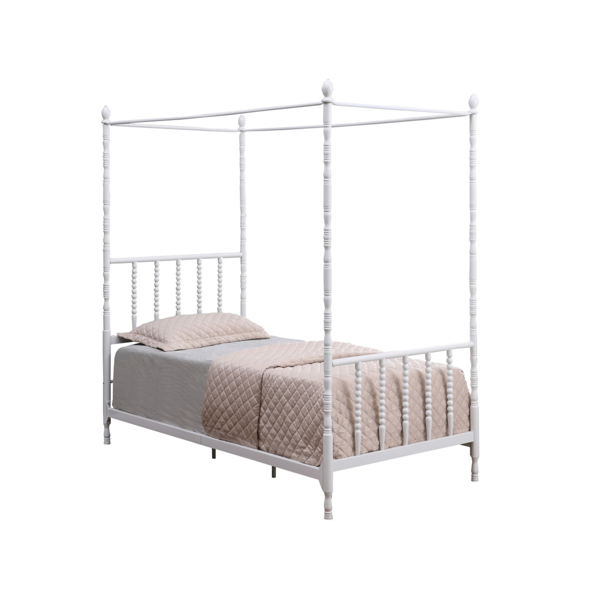 Modern Metal Twin Size Canopy Bed, Spindled Turned Posts, Classic White