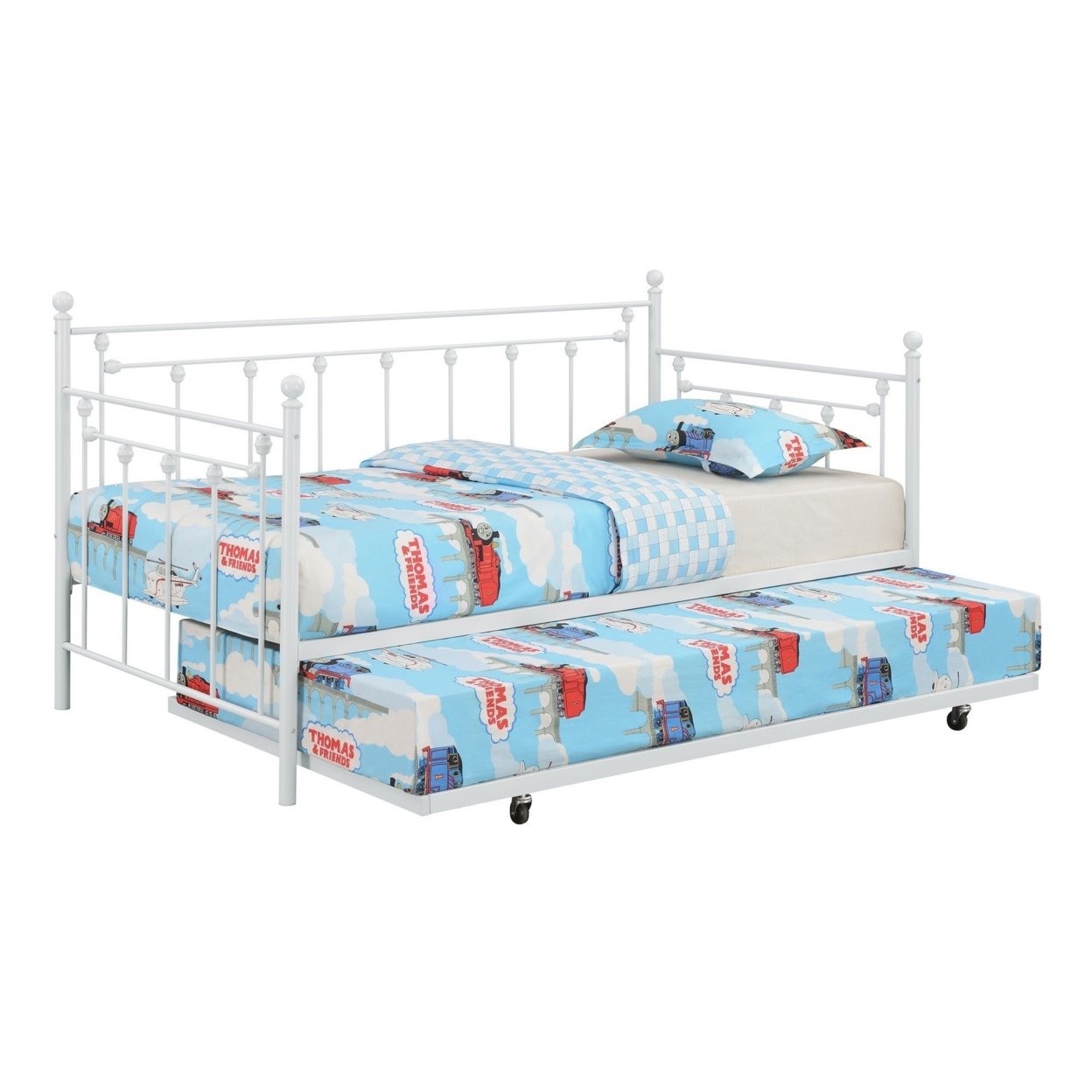Olly Modern Daybed, Heavy Steel Metal Frame, Pull Out Trundle Bed, White