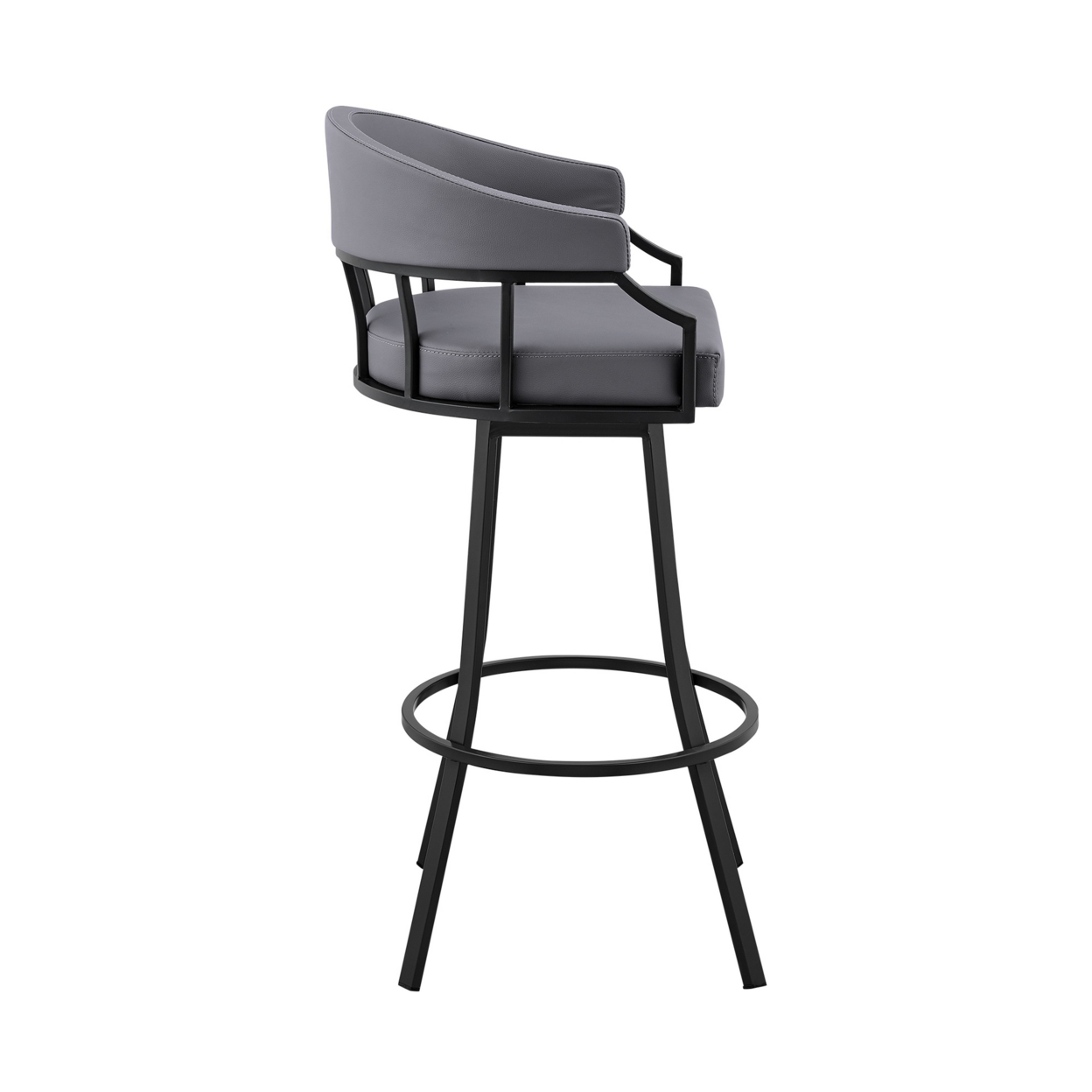 Cade 30 Inch Bar Stool, Swivel Chair, Faux Leather Cushion, Gray, Black- Saltoro Sherpi