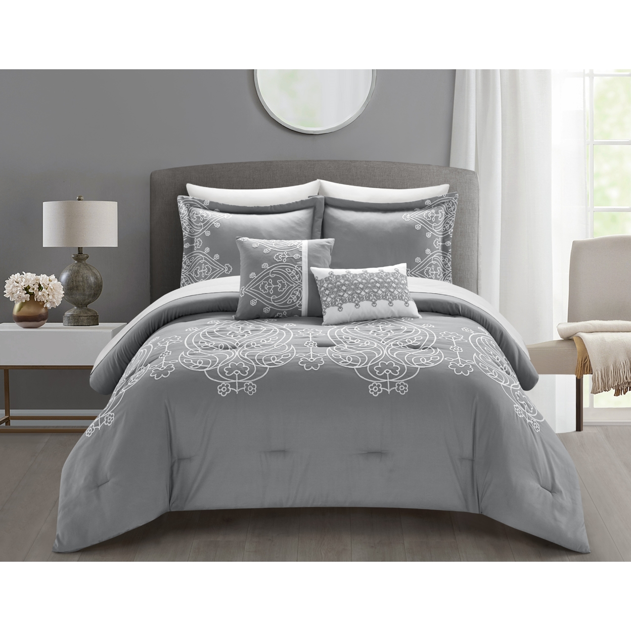 Bibi 5 or 9 Piece Comforter Set Scroll Embroidered Bedding - grey with sheets, queen - 9 piece