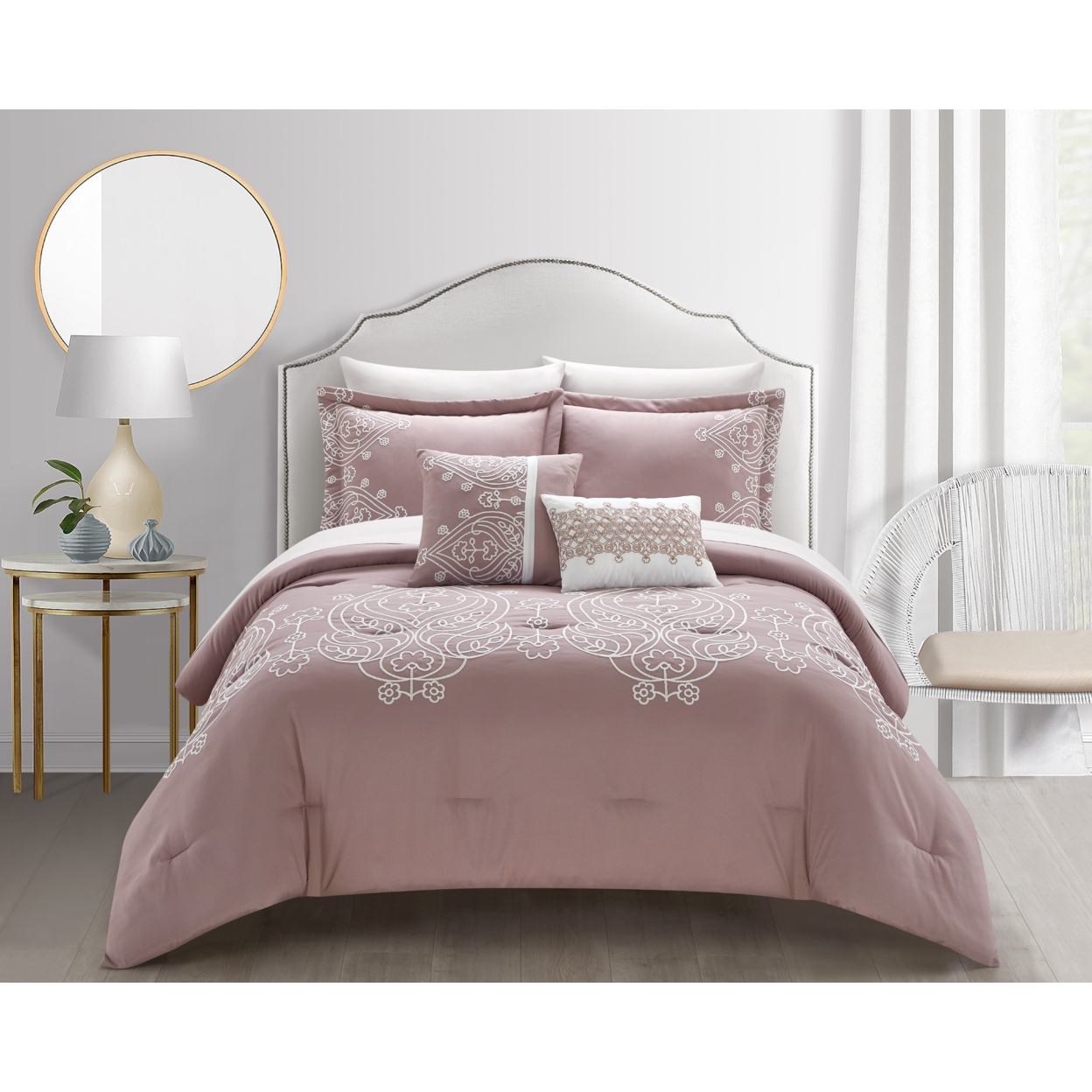 Bibi 5 or 9 Piece Comforter Set Scroll Embroidered Bedding - rose with sheets, queen - 9 piece
