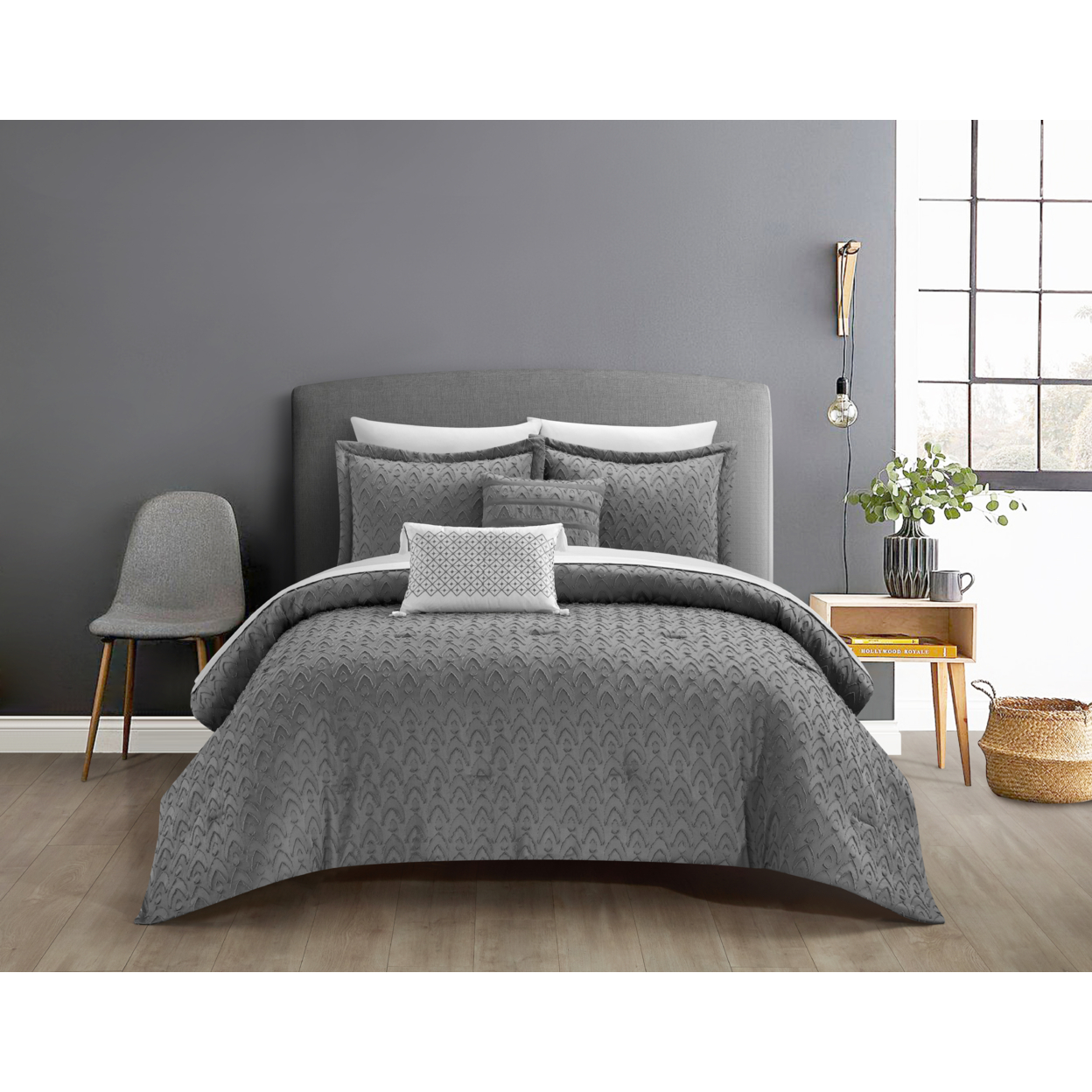 Deign 5 Piece Comforter Set Clip Jacquard Geometric Pattern Design Bedding - Grey, Queen