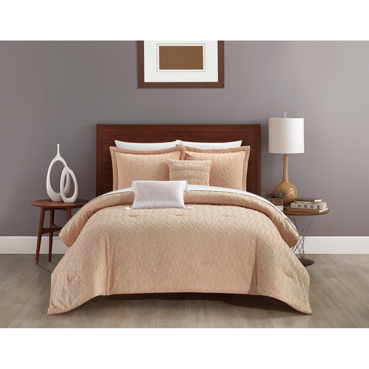 Deign 5 Piece Comforter Set Clip Jacquard Geometric Pattern Design Bedding - Grey, King
