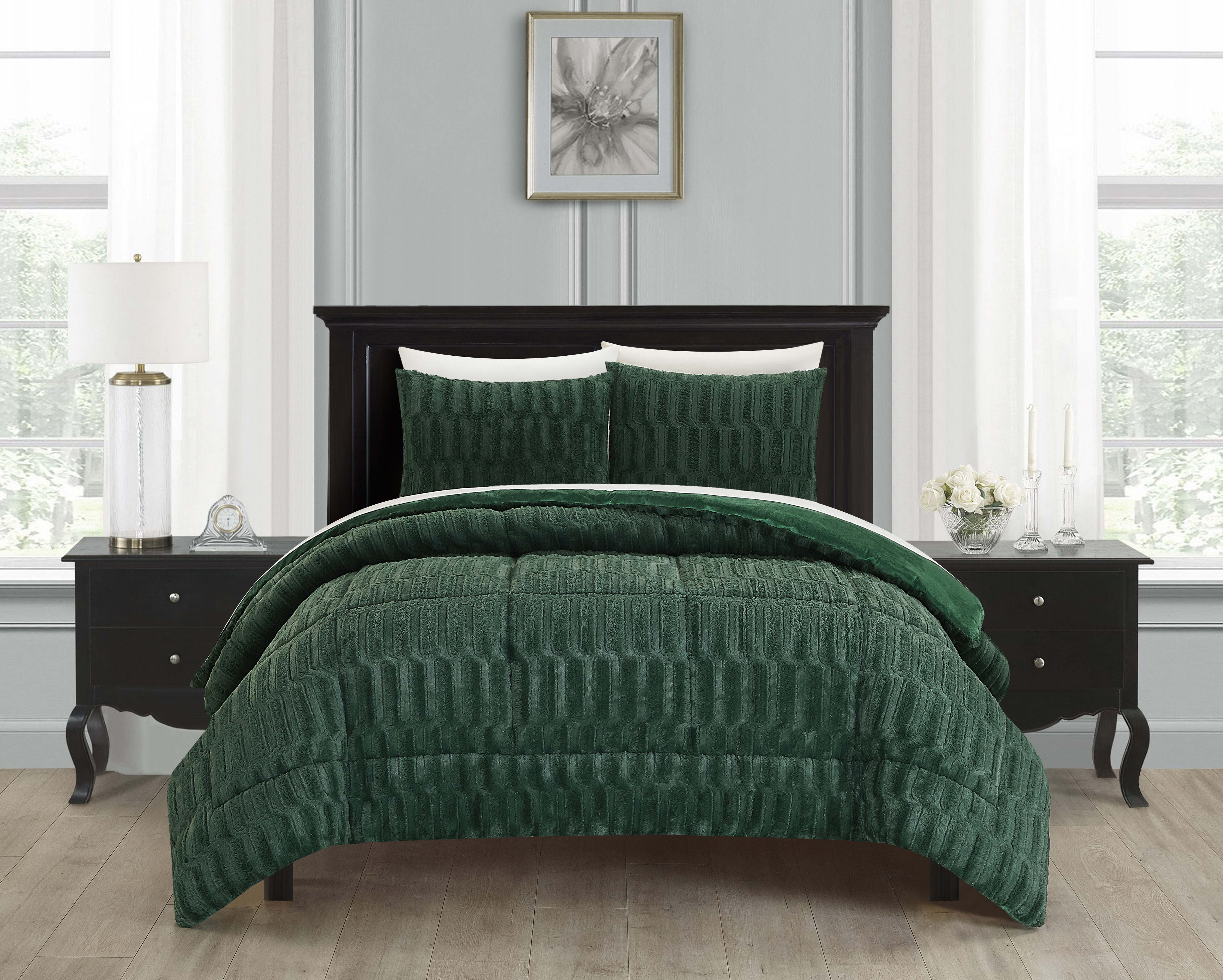 Farca 3 Or 2 Piece Comforter Textured Geometric Pattern Faux Micro-Mink Backing - Green, King - 3 Piece