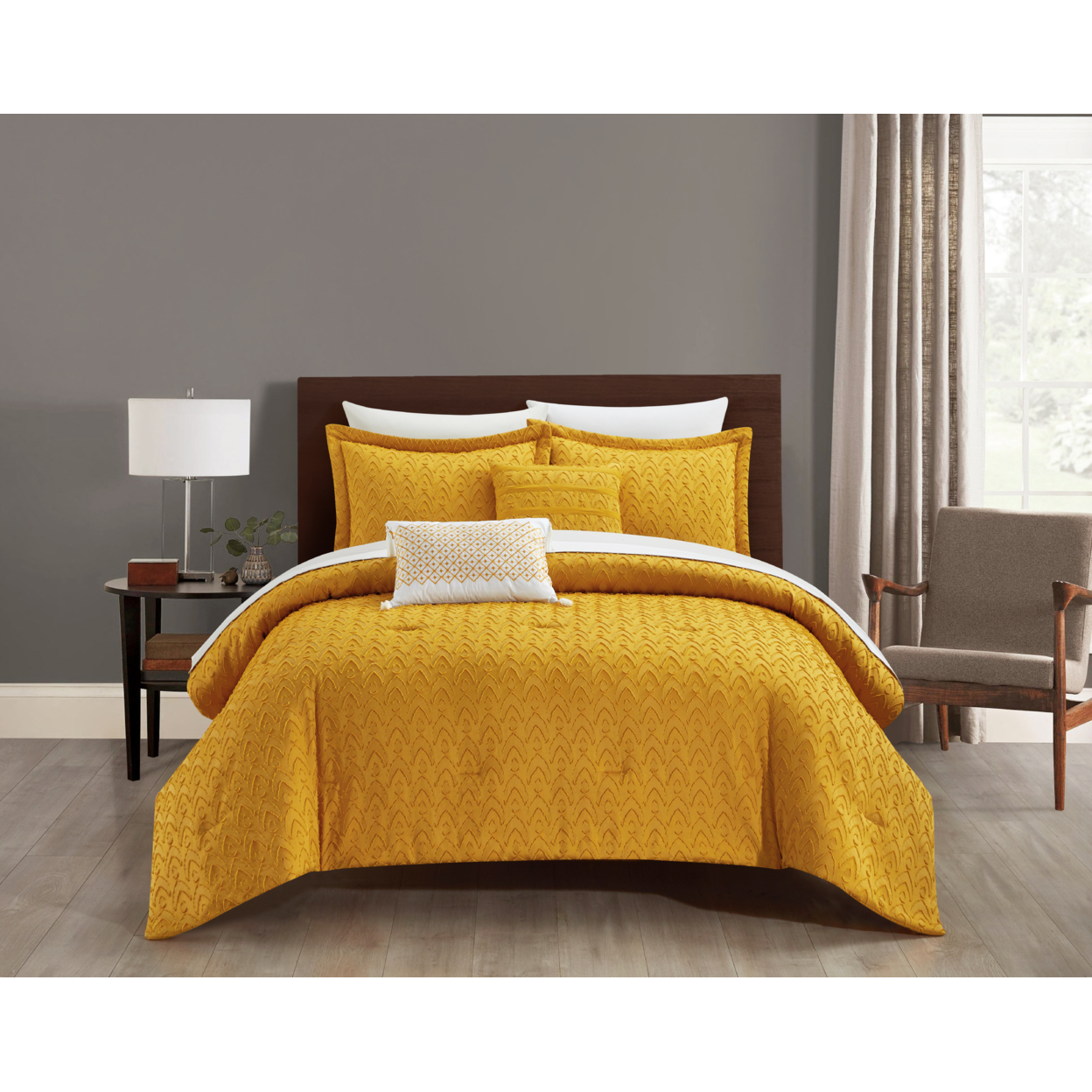 Deign 5 Piece Comforter Set Clip Jacquard Geometric Pattern Design Bedding - Mustard, King