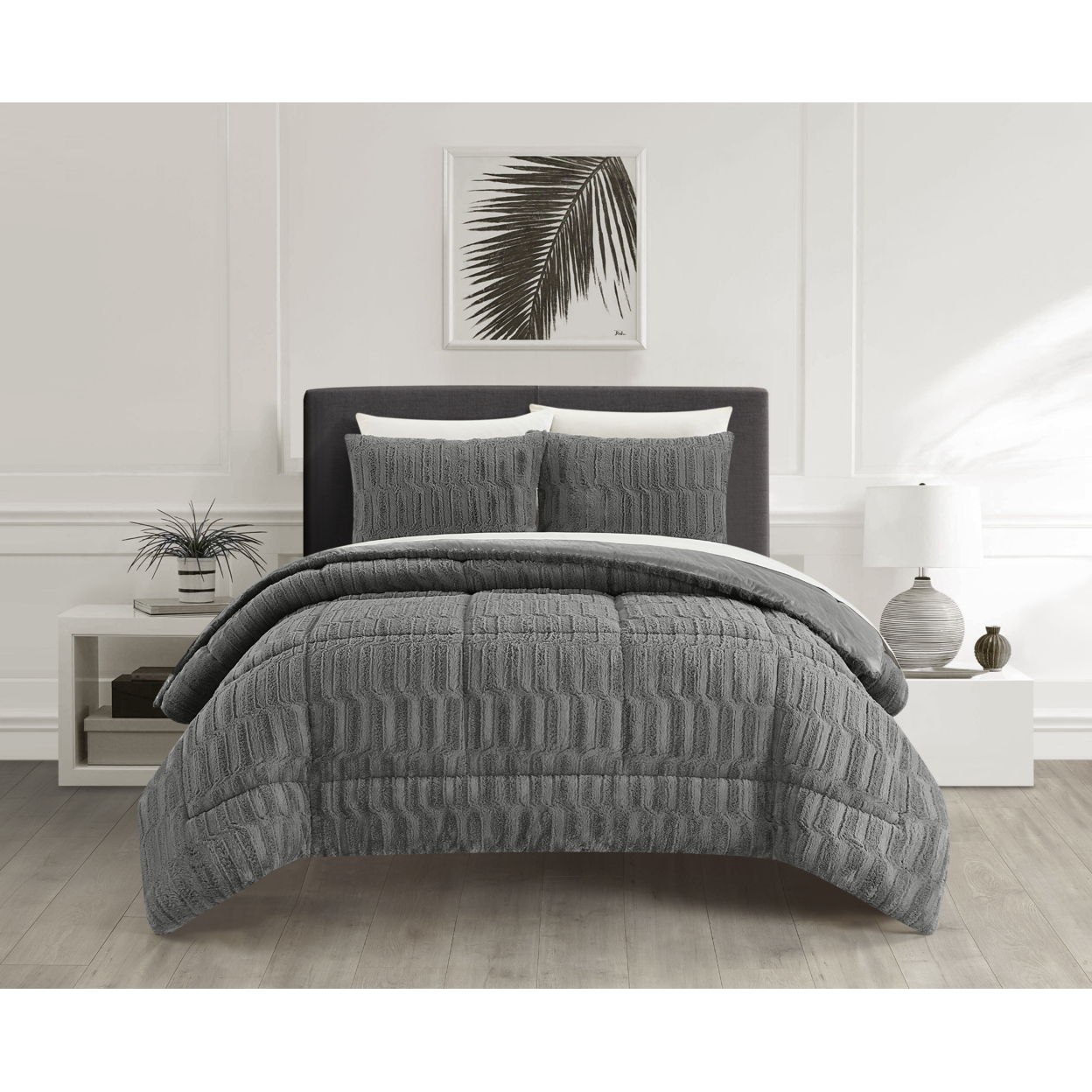 Farca 3 Or 2 Piece Comforter Textured Geometric Pattern Faux Micro-Mink Backing - Grey, King - 3 Piece
