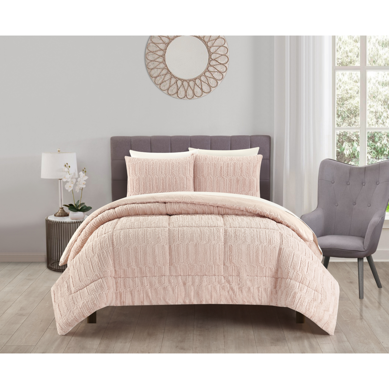 Farca 3 Or 2 Piece Comforter Textured Geometric Pattern Faux Micro-Mink Backing - Blush, Queen - 3 Piece
