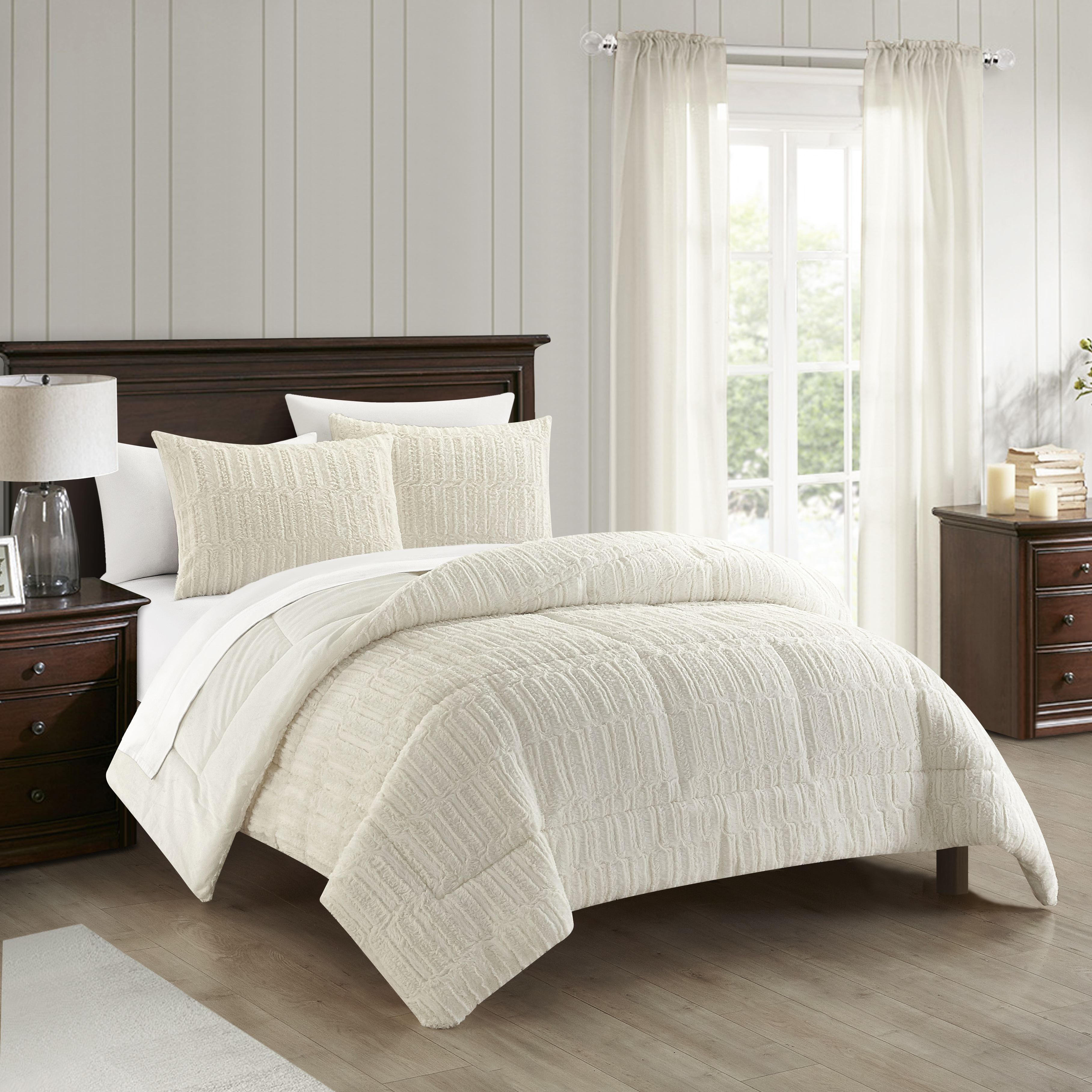 Farca 3 Or 2 Piece Comforter Textured Geometric Pattern Faux Micro-Mink Backing - Beige, Queen - 3 Piece