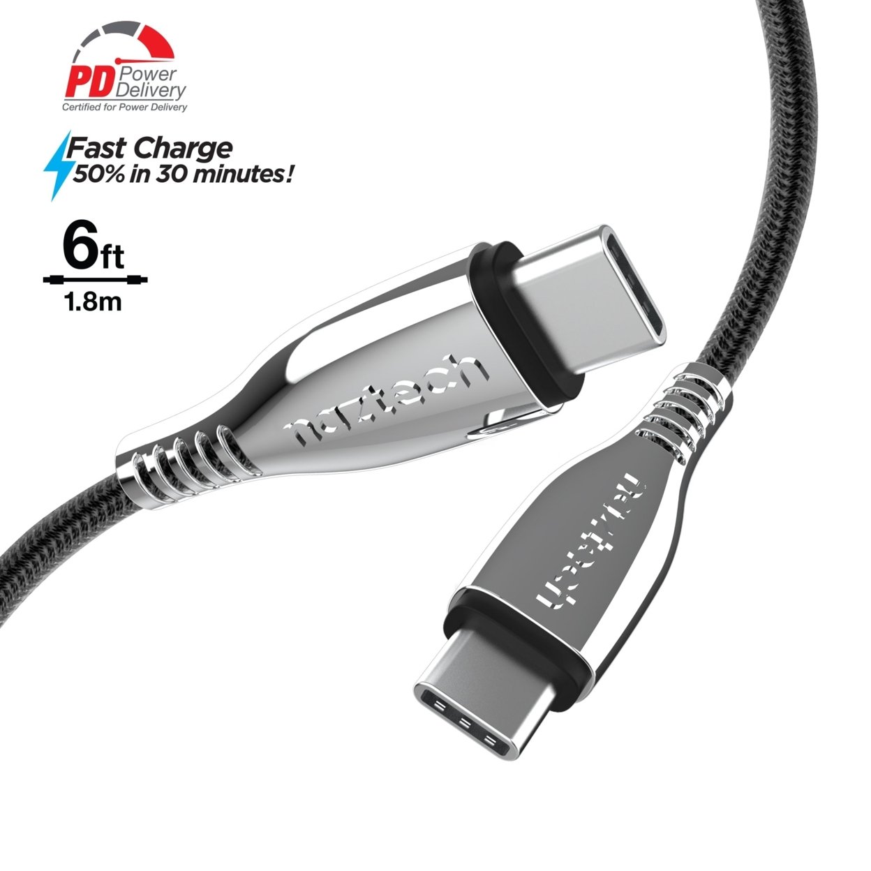 Naztech Titanium USB-C To USB-C Braided Cable 6ft - Black