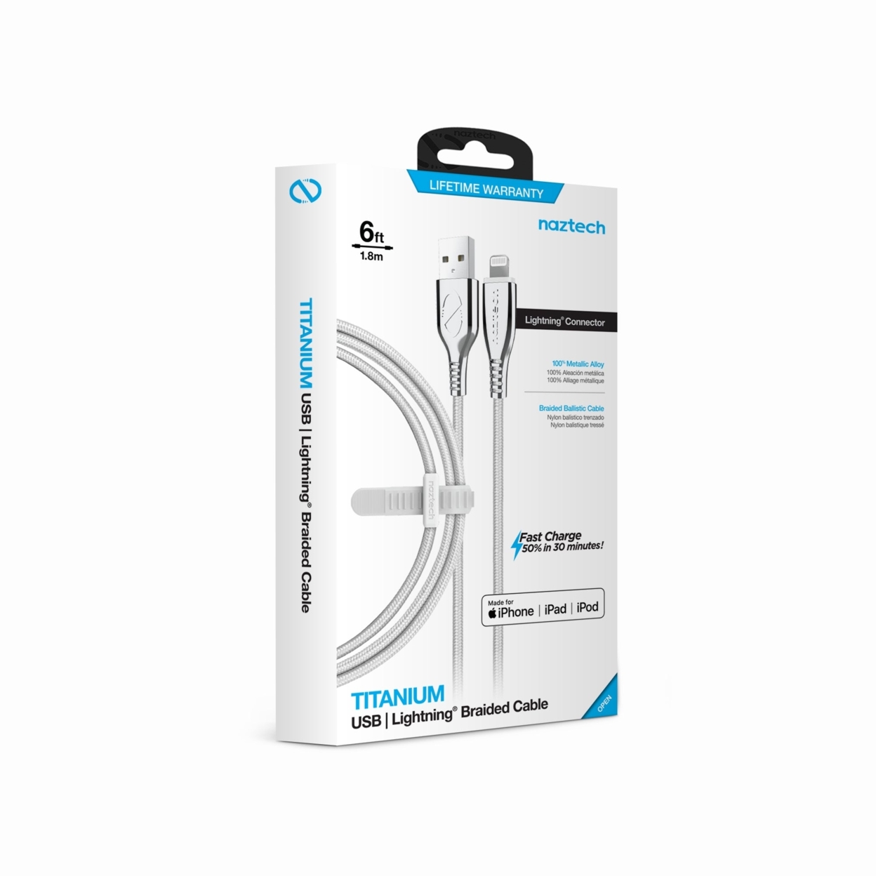 Naztech Titanium USB To MFi Lightning Braided Cable 6ft - White
