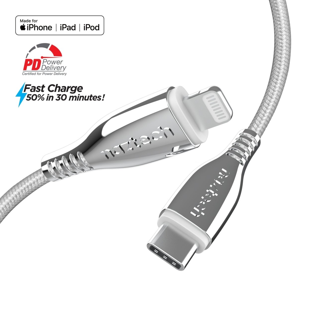 Naztech Titanium USB-C To Lightning Braided Cable 6ft - White