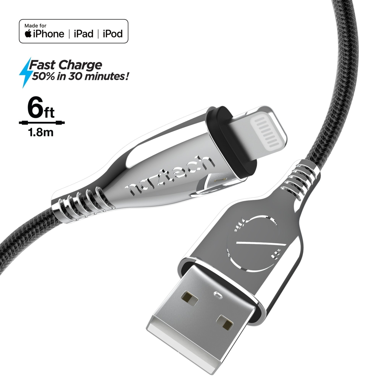 Naztech Titanium USB To MFi Lightning Braided Cable 6ft - Black