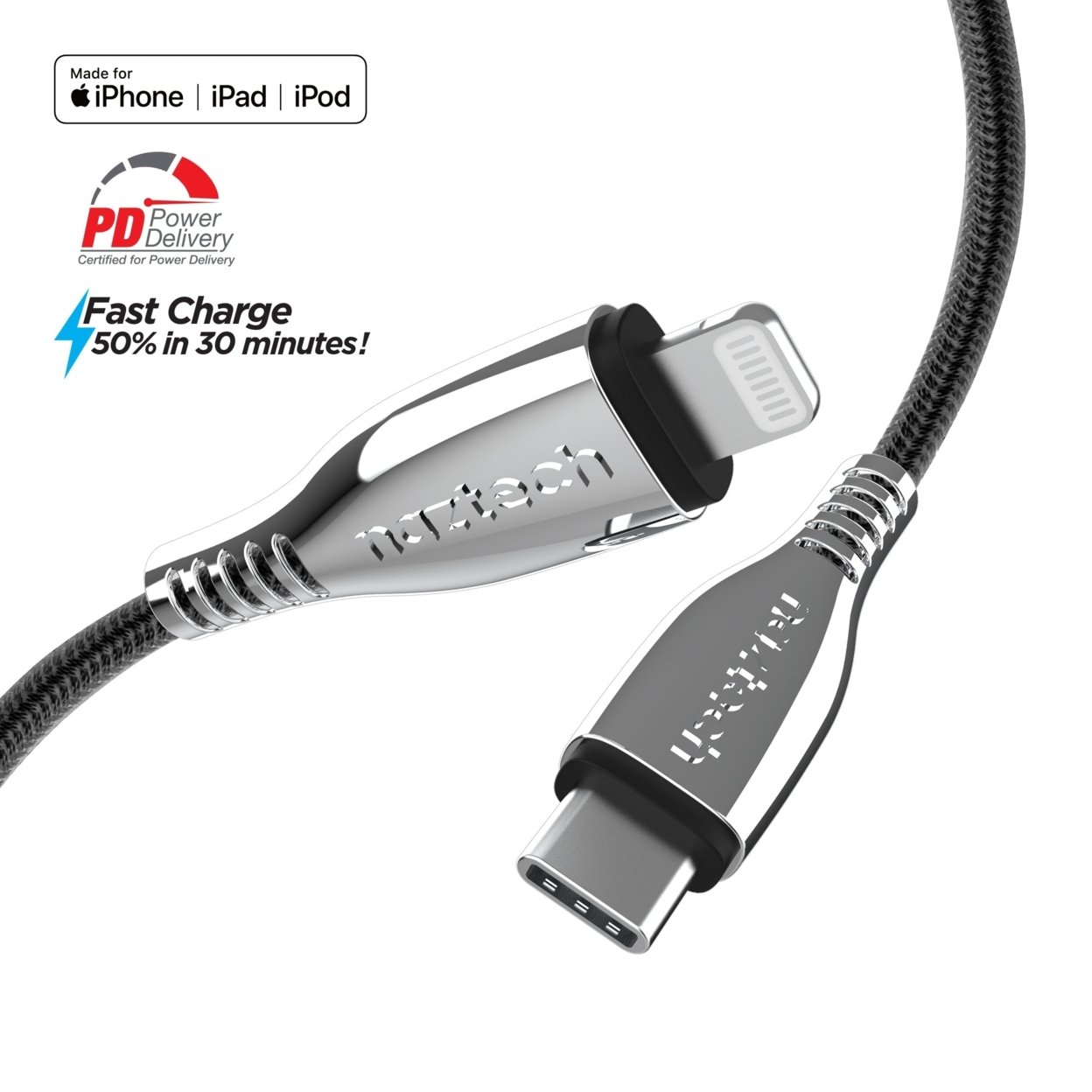 Naztech Titanium USB-C To Lightning Braided Cable 6ft - Black
