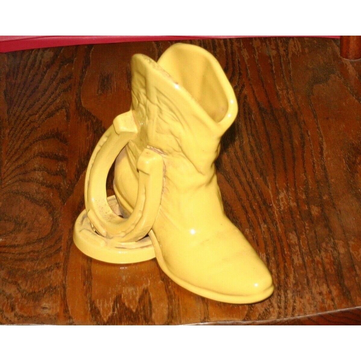 Vtg Frankoma Pottery Yellow Gold Cowboy Boot Lucky Horseshoe Vase Pot Ada Clay