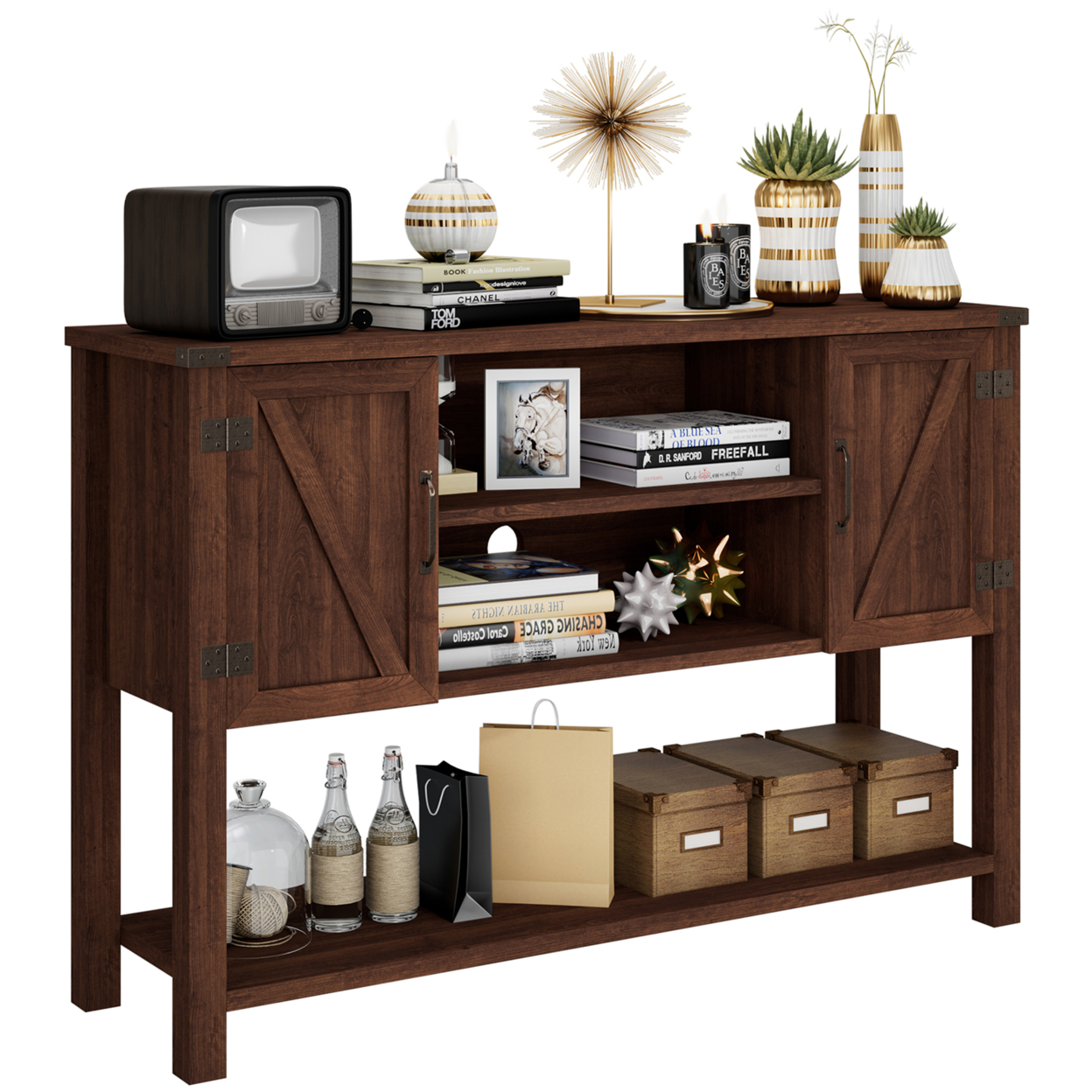 Buffet Sideboard Storage Cupboard Console Table W/ Open Shelf & Side Cabinets Brown