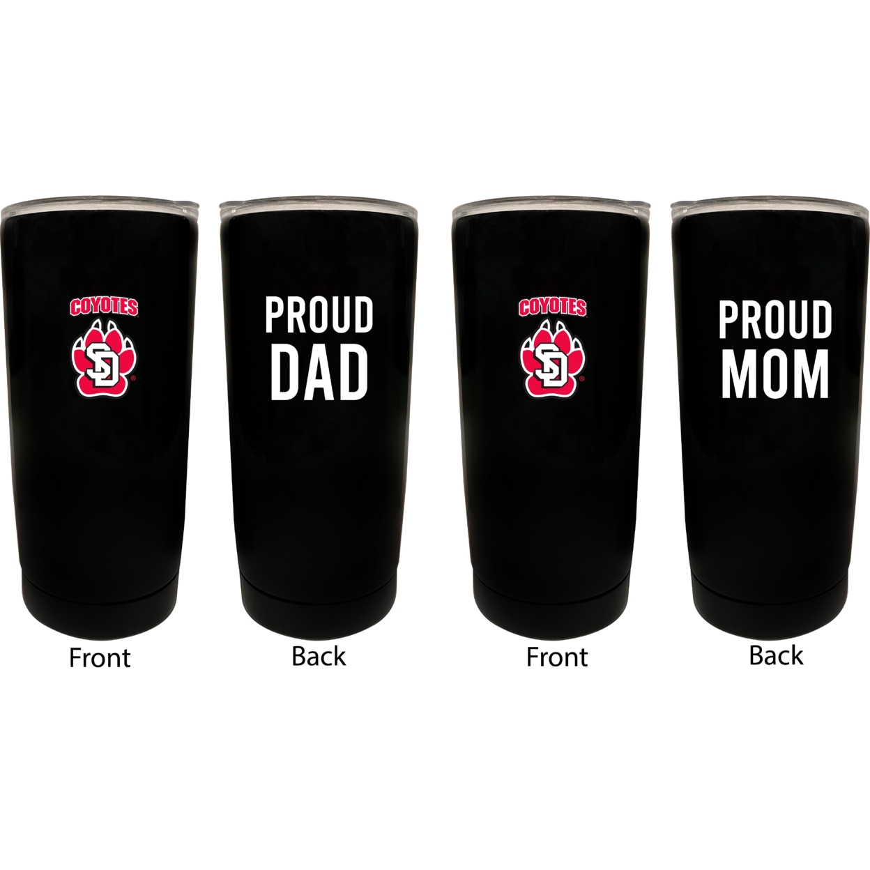 South Dakota Coyotes Proud Mom And Dad 16 Oz Insulated Stainless Steel Tumblers 2 Pack Black.