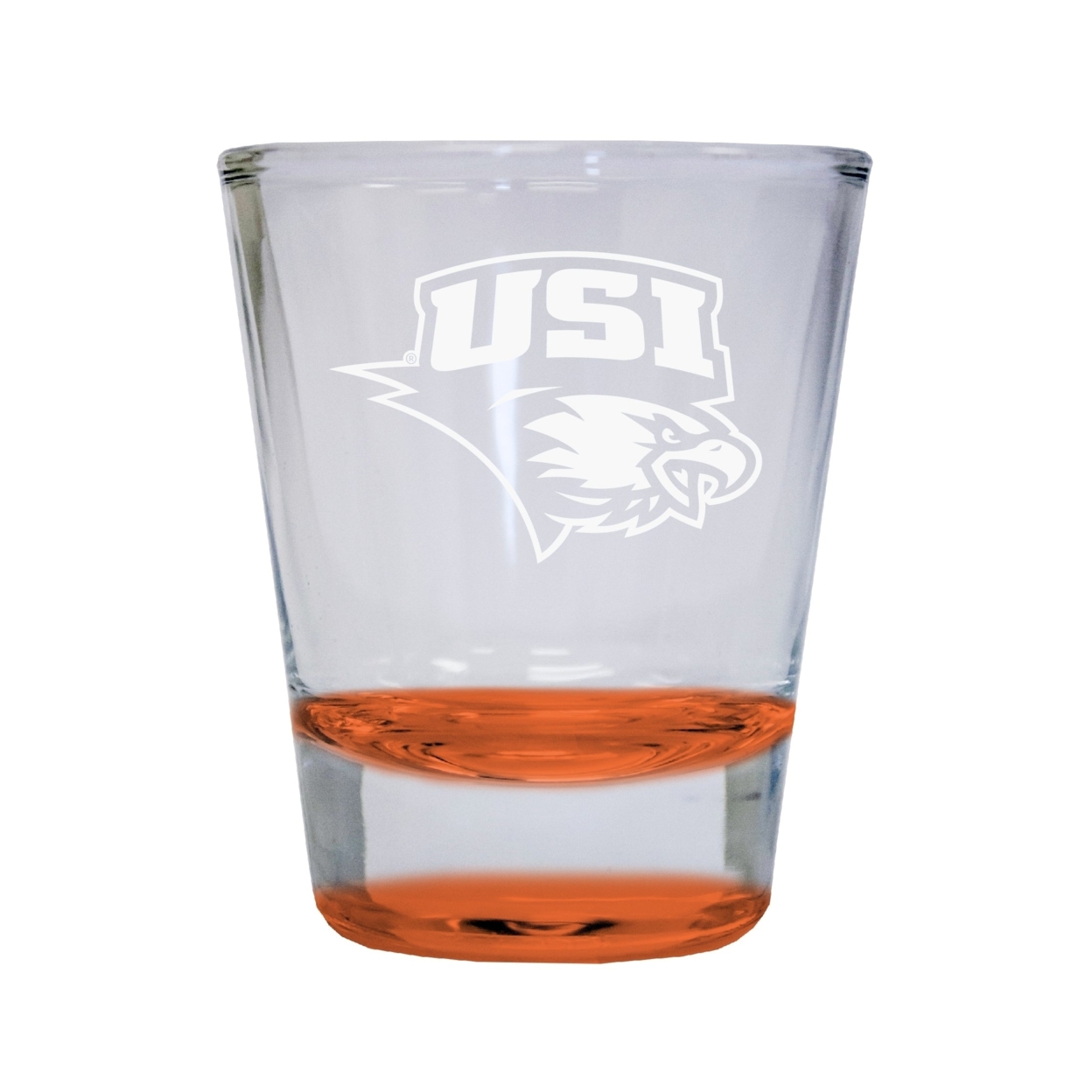 University Of Southern Indiana Etched Round Shot Glass 2 Oz Orange