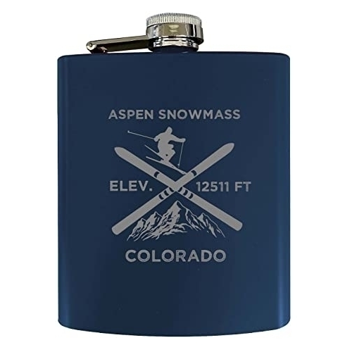 Aspen Snowmass Colorado Ski Snowboard Winter Adventures Stainless Steel 7 Oz Flask Navy