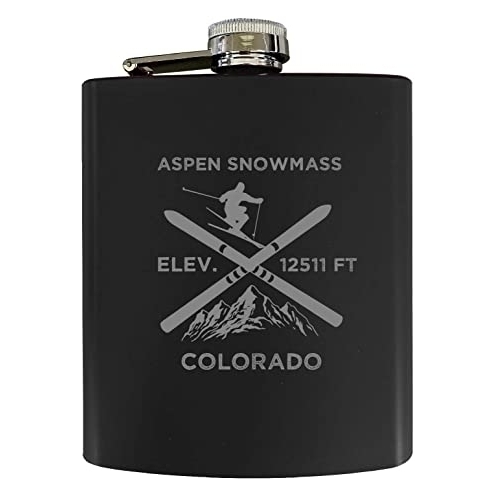 Aspen Snowmass Colorado Ski Snowboard Winter Adventures Stainless Steel 7 Oz Flask Black