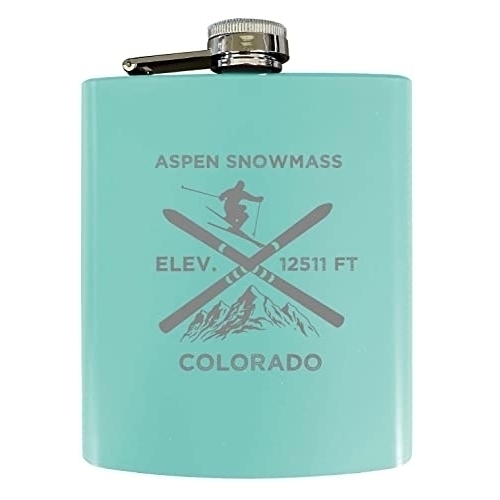 Aspen Snowmass Colorado Ski Snowboard Winter Adventures Stainless Steel 7 Oz Flask Seafoam