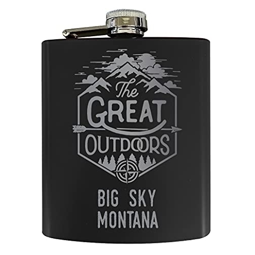 Big Sky Montana Laser Engraved Explore The Outdoors Souvenir 7 Oz Stainless Steel 7 Oz Flask Black