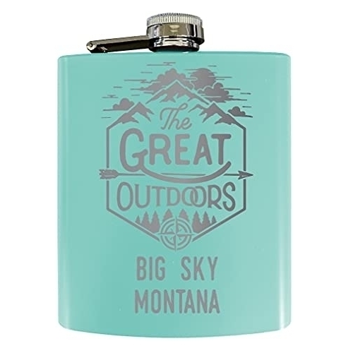 Big Sky Montana Laser Engraved Explore The Outdoors Souvenir 7 Oz Stainless Steel 7 Oz Flask Seafoam