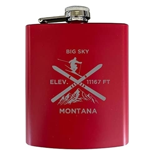 Big Sky Montana Ski Snowboard Winter Adventures Stainless Steel 7 Oz Flask Red