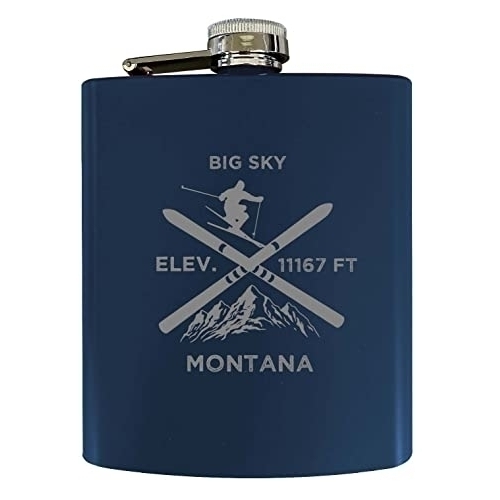 Big Sky Montana Ski Snowboard Winter Adventures Stainless Steel 7 Oz Flask Navy