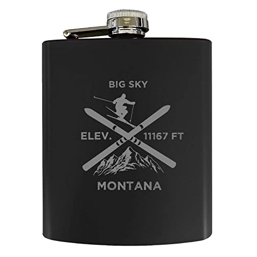 Big Sky Montana Ski Snowboard Winter Adventures Stainless Steel 7 Oz Flask Black