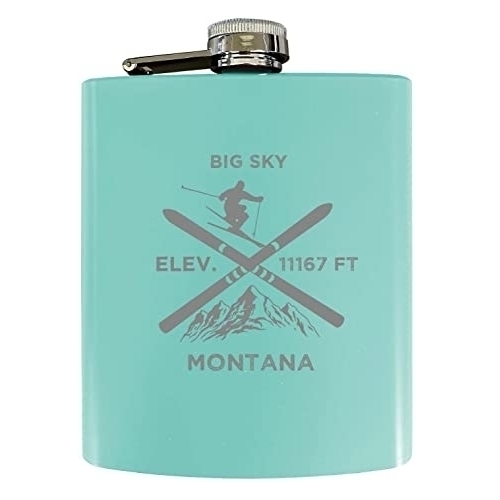 Big Sky Montana Ski Snowboard Winter Adventures Stainless Steel 7 Oz Flask Seafoam