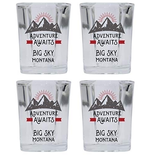 Big Sky Montana Souvenir 2 Ounce Square Base Liquor Shot Glass Adventure Awaits Design 4-Pack