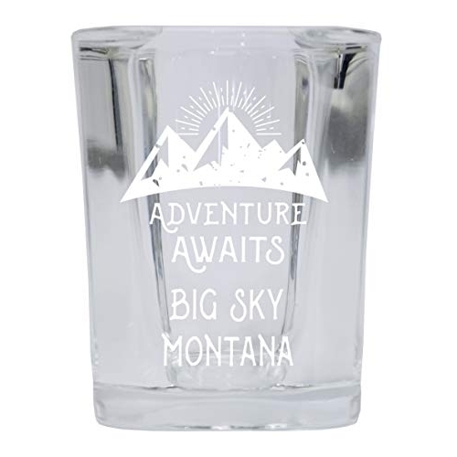 Big Sky Montana Souvenir Laser Engraved 2 Ounce Square Base Liquor Shot Glass Adventure Awaits Design
