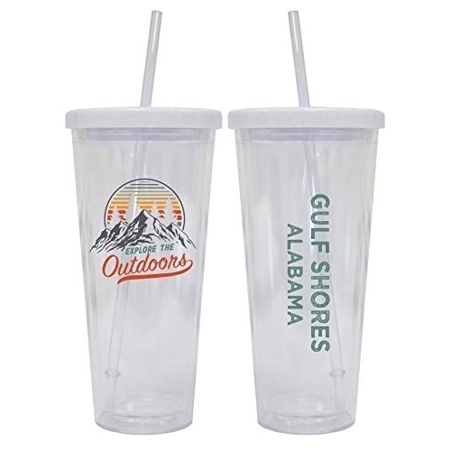 Gulf Shores Alabama Camping 24 Oz Reusable Plastic Straw Tumbler W/Lid & Straw 2-Pack