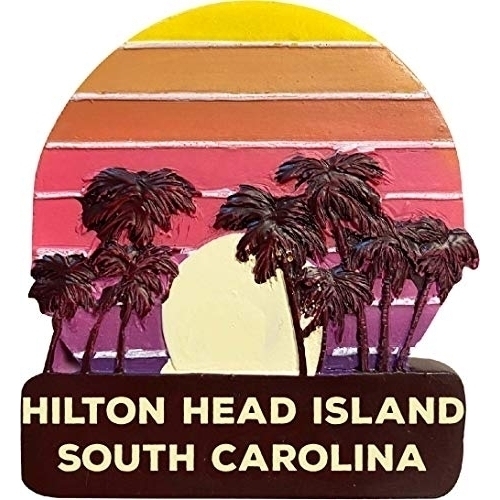 Hilton Head Island South Carolina Trendy Souvenir Hand Painted Resin Refrigerator Magnet Sunset And Palm Trees Design 3-Inch Approximately