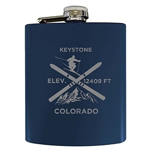 Keystone Colorado Ski Snowboard Winter Adventures Stainless Steel 7 Oz Flask Navy