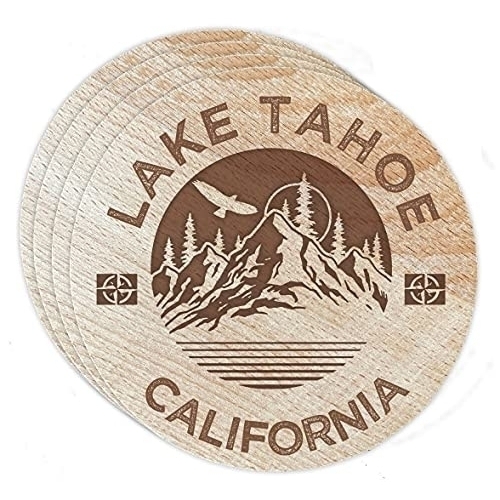 Lake Tahoe California 4 Pack Engraved Wooden Coaster Camp Outdoors Design