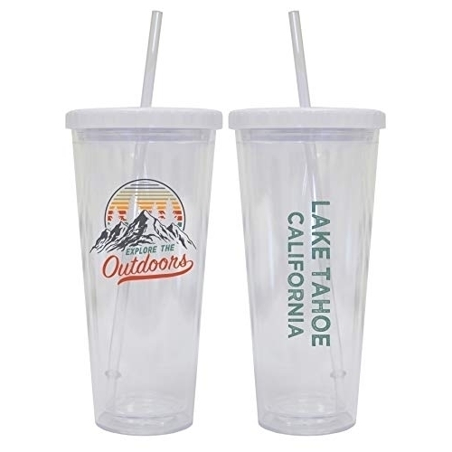 Lake Tahoe California Camping 24 Oz Reusable Plastic Straw Tumbler W/Lid & Straw 2-Pack