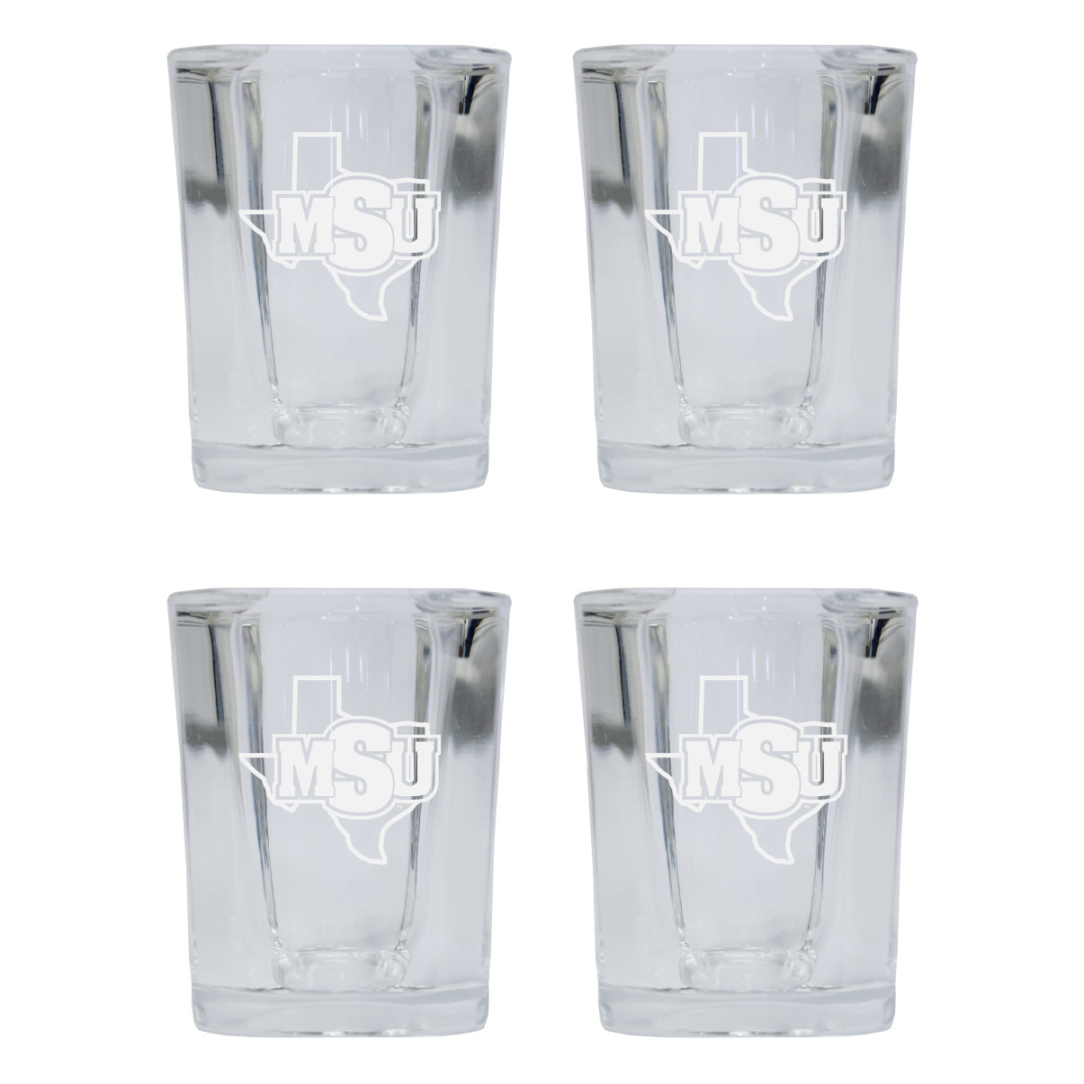 Midwestern State University Mustangs 2 Ounce Square Shot Glass Laser Etched Logo Design 4-Pack
